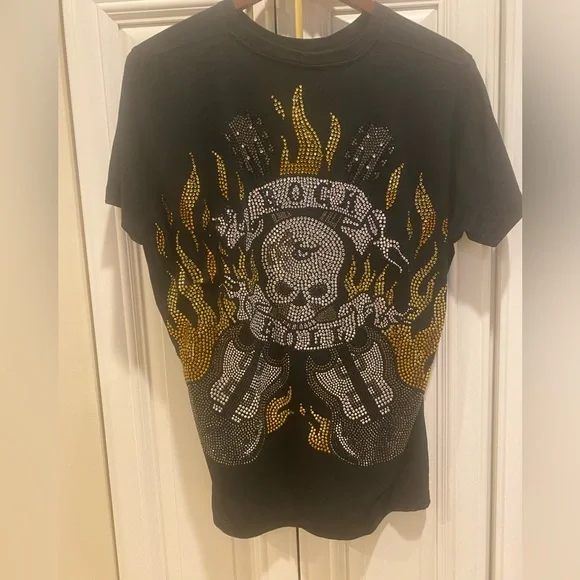 Black Crystal T-Shirt with Skull and Flames - Picture 1 of 4